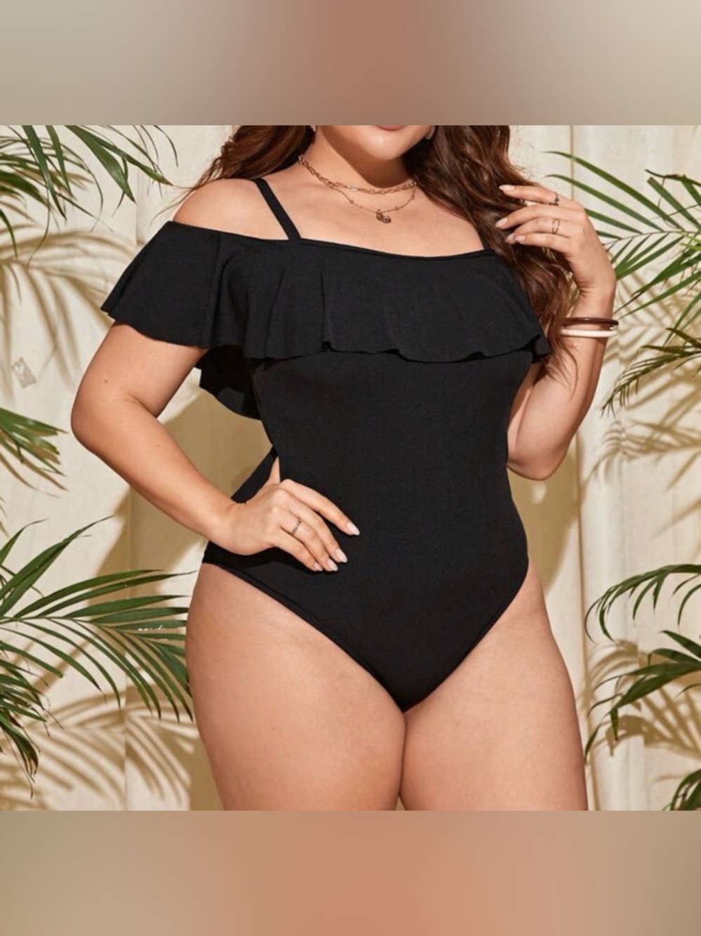 Black Off-Shoulder Ruffle One-Piece Swimsuit